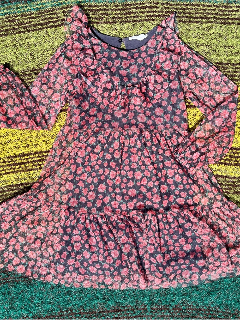 Zara Black Dress with Pink Floral Print and Ruffles